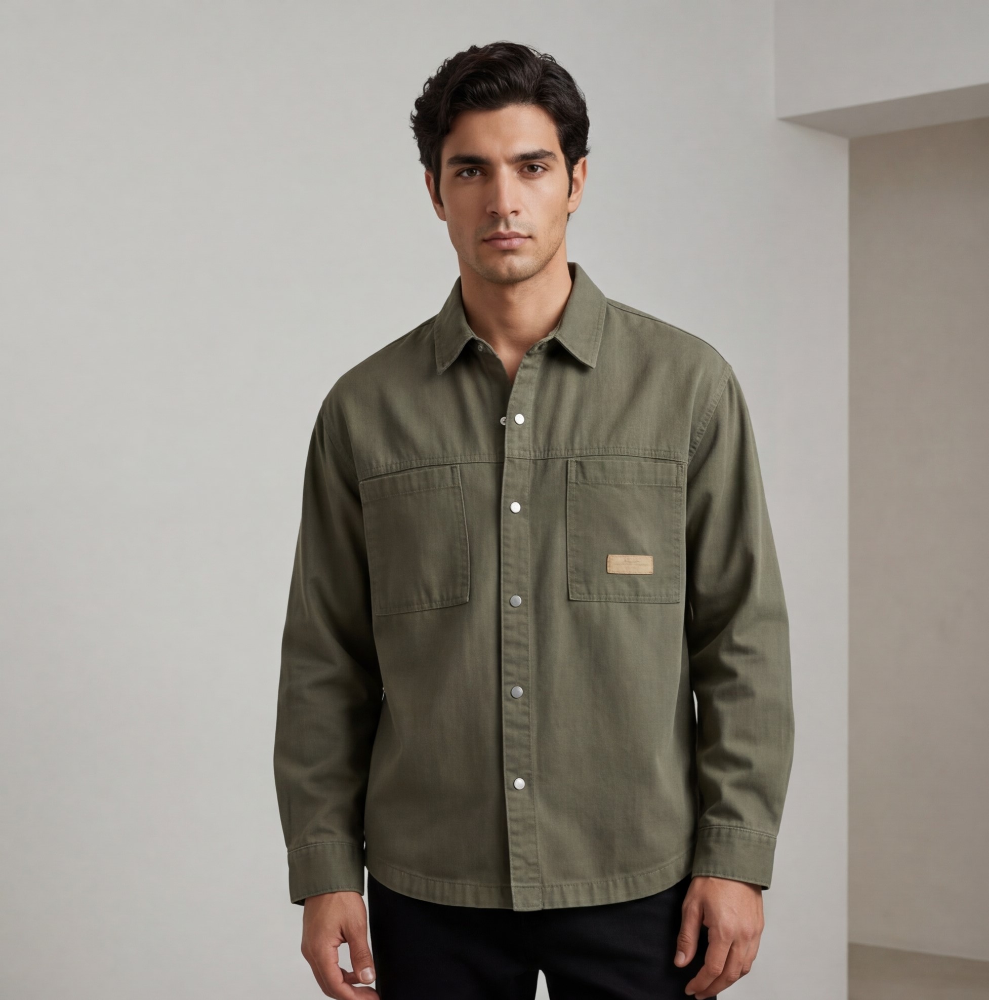 Men’s Heavy Cotton Shirt with Front Pockets – Utility Casual Style - الصورة 2